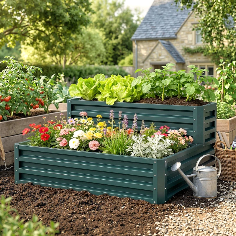 Outsunny 2 Tier Galvanized Raised Garden Bed, Steel Planter Box for Vegetables, Flowers, Herbs, 47" x 40" x 23", Green