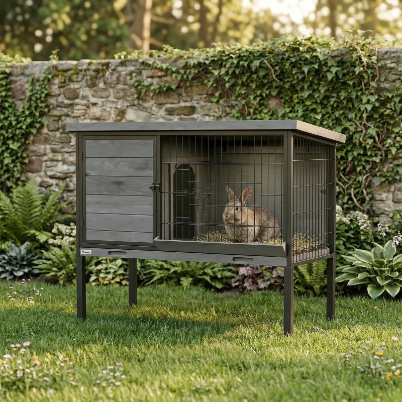 PawHut Elevated Rabbit Hutch Outdoor, Wooden Rabbit Cage Bunny House with Pull-out Tray and Openable Plastic Roof