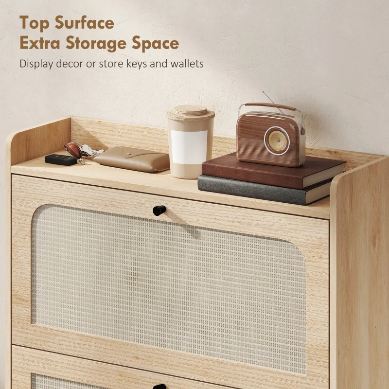 HOMCOM Shoe Cabinet with 2 Flip Drawers, Boho Narrow Shoe Storage Cabinet, Oak