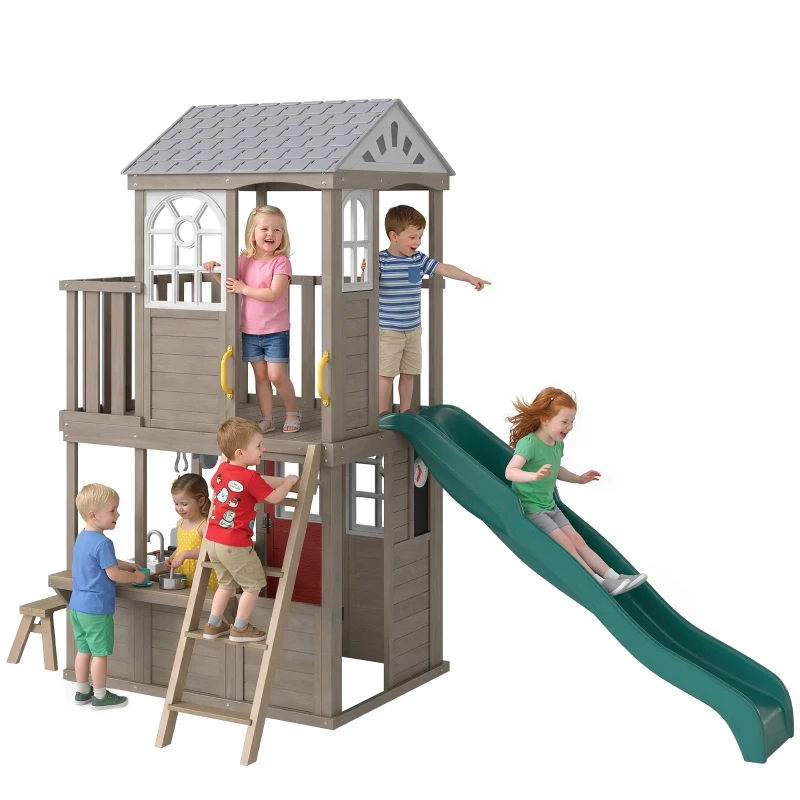 Qaba Two-Story Outdoor Playhouse, Wooden Kids Playhouse with Slide, Bench, BBQ Play Kitchen, Ladder, Lookout Platform, Clock