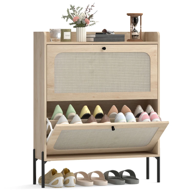 HOMCOM Shoe Cabinet with 2 Flip Drawers, Boho Narrow Shoe Storage Cabinet, Oak