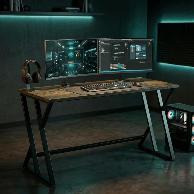 HOMCOM 55 Inch Computer Desk, Industrial Writing Desk with Z-Shaped Metal Leg, Study Table for Home Office, Rustic Brown