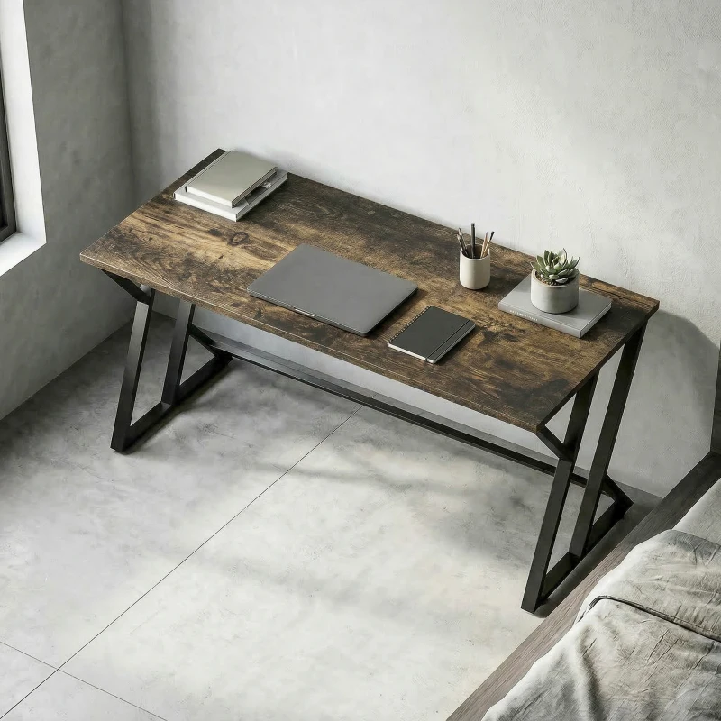 HOMCOM 55 Inch Computer Desk, Industrial Writing Desk with Z-Shaped Metal Leg, Study Table for Home Office, Rustic Brown