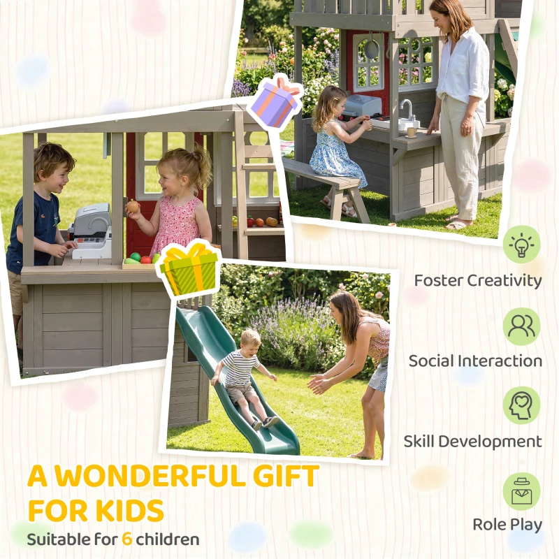 Qaba Two-Story Outdoor Playhouse, Wooden Kids Playhouse with Slide, Bench, BBQ Play Kitchen, Ladder, Lookout Platform, Clock