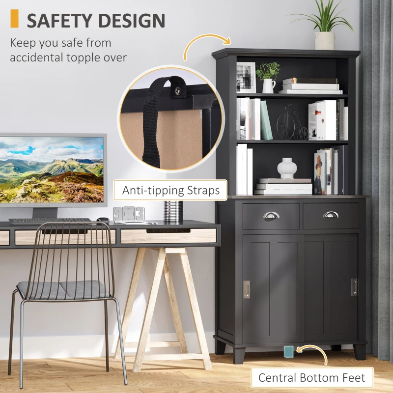 HOMCOM 67" Freestanding Buffet with Hutch, Kitchen Pantry Storage Cabinet with Sliding Doors, Drawers and Open Shelves, Adjustable Shelving, Black