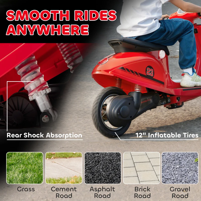 Qaba 24V Kids Motorcycle with 3-Speed, Electric Motorcycle with Rear Suspension and LED Lights for 8-12 Years Old, Red