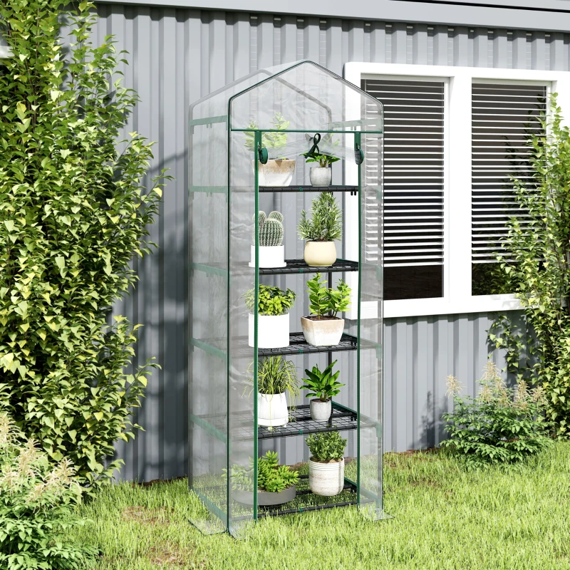 Outsunny 5 Tier Mini Greenhouse, Portable Outdoor Flower Stand with Shelf Clips, Indoor Greenhouse with Steel Frame, Transparent, 27.25" x 19.25" x 76", Clear