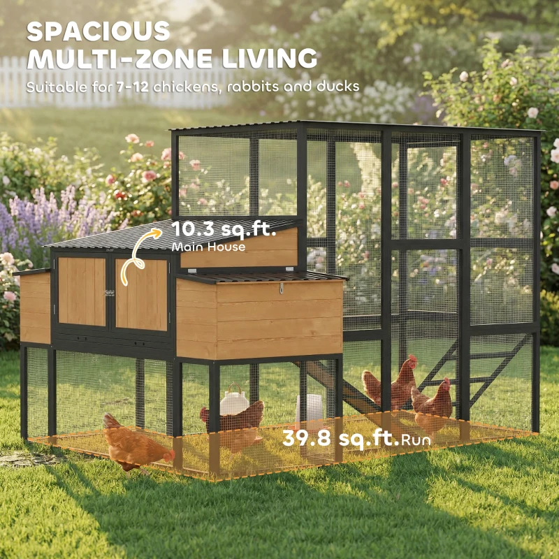PawHut 105" Large Chicken Coop, Walk-in Wooden Hen House for 7-12 Hens, Poultry Cage Chicken House with Run, 2 Nesting Boxes