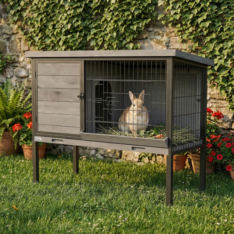 PawHut Elevated Rabbit Hutch Outdoor, Wooden Rabbit Cage Bunny House with Pull-out Tray and Openable Plastic Roof