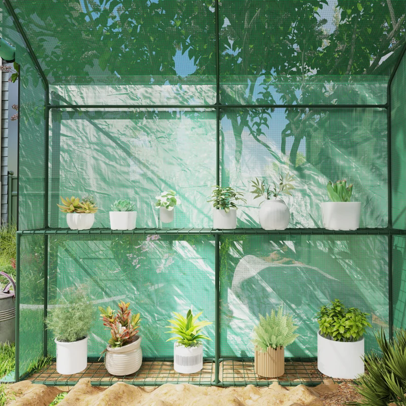 Outsunny Walk-in Greenhouse Outdoor Portable Plant Flower Growth Warm House with Roll-up Door, 73" x 47" x 75", Green
