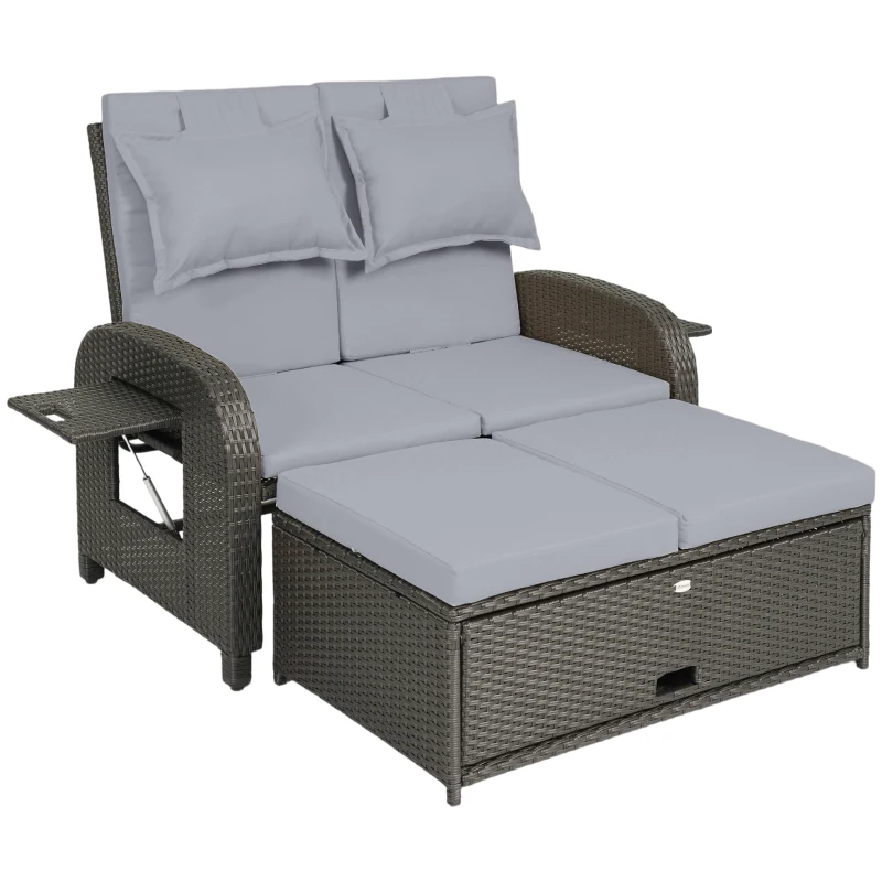 Outsunny Patio Rattan Daybed, Wicker Outdoor Daybed with Storage Ottoman, Loveseat w/ Adjustable Backrest, Side Tables, Gray