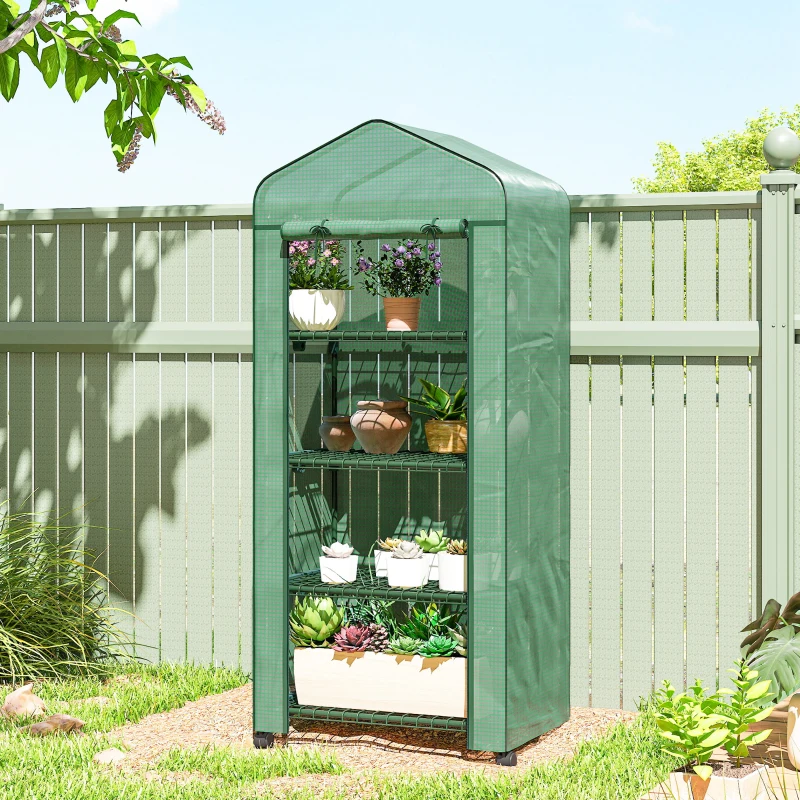 Outsunny Portable Greenhouse, Outdoor Hot House Plant Flower Greenhouse with 4 Tier Shelves, PE Cover, Green