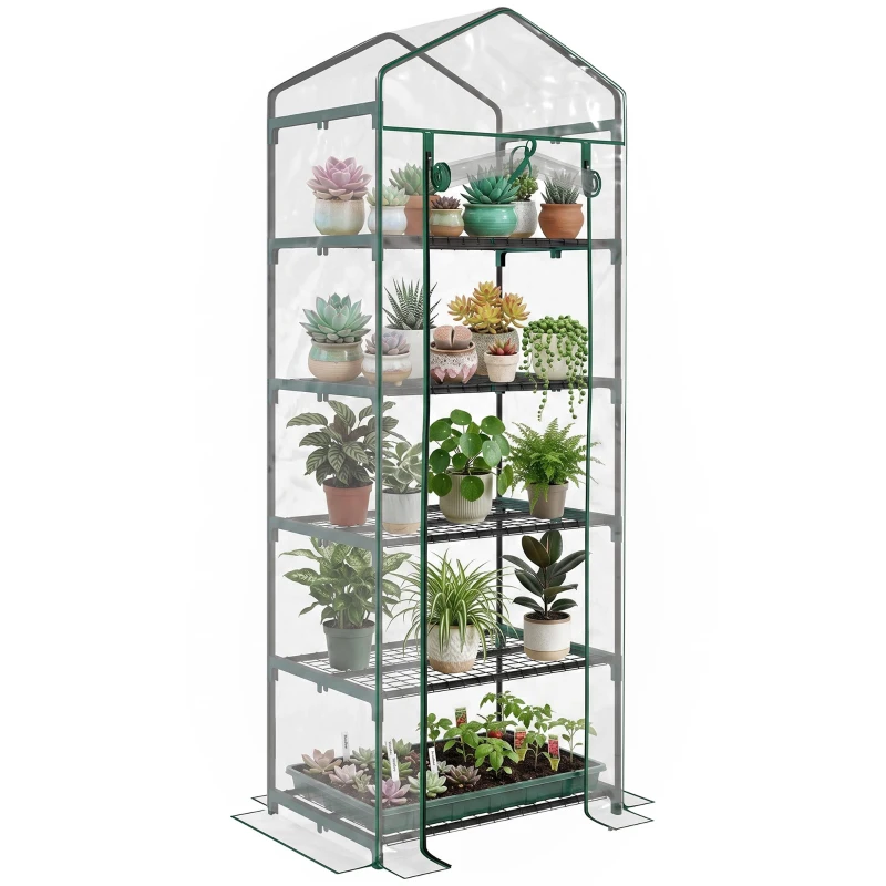Outsunny 5 Tier Mini Greenhouse, Portable Outdoor Flower Stand with Shelf Clips, Indoor Greenhouse with Steel Frame, Transparent, 27.25" x 19.25" x 76", Clear
