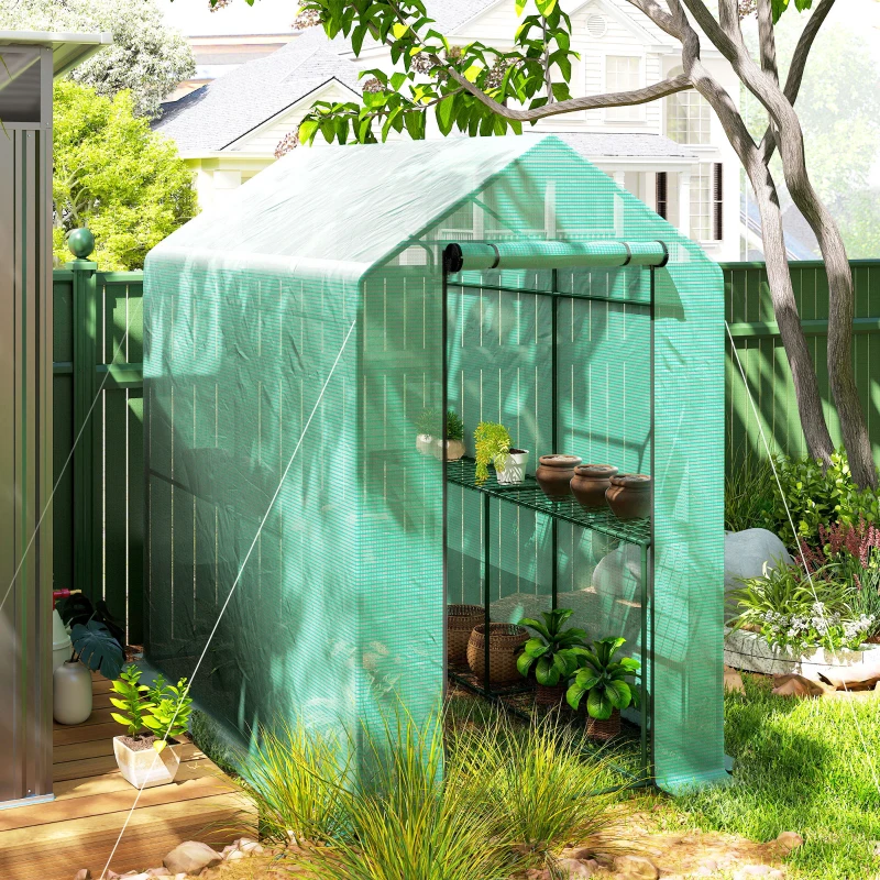 Outsunny Walk-in Greenhouse Outdoor Portable Plant Flower Growth Warm House with Roll-up Door, 73" x 47" x 75", Green
