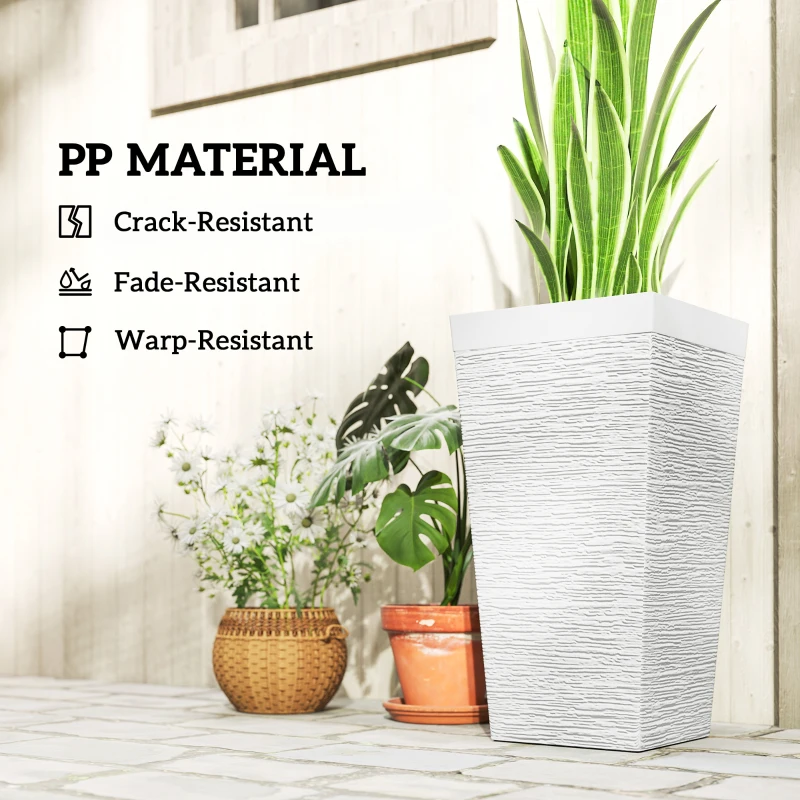 Outsunny 22.8 Inch Set of 3 Outdoor Planters with Stone Finish and Wheels, Stackable Tapered Planters with Drainage Hole, White