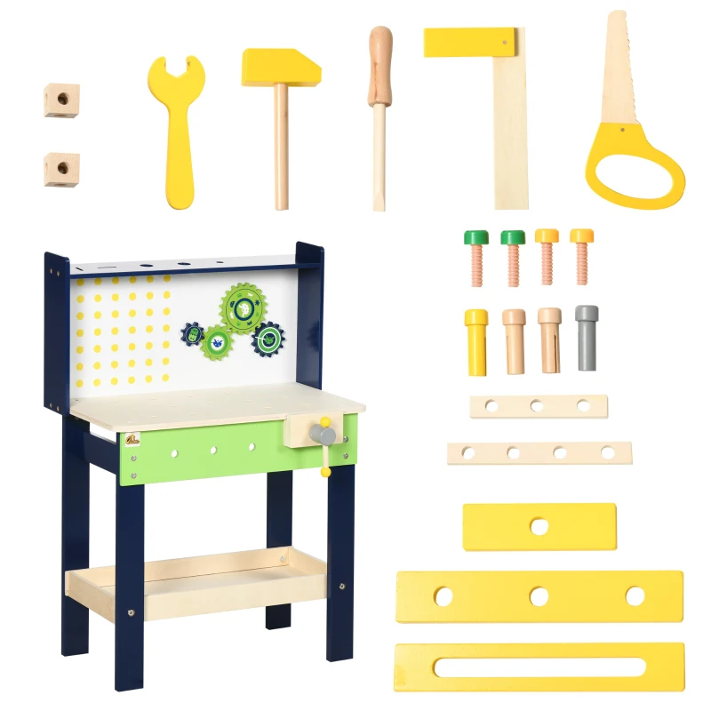 Qaba Wooden Kids Tool Bench with 27 Piece Tool Kit, Construction Work Shop Toy for Toddlers & Ages 3-6, Kids Workbench Playset Gift for Girls and Boys