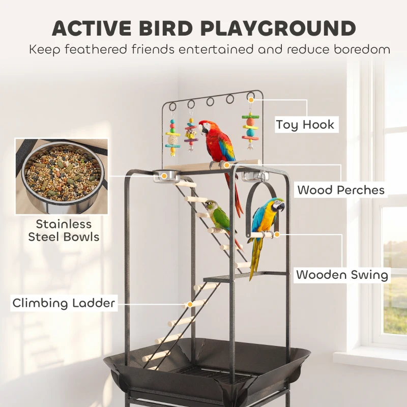 PawHut 64"H Rolling Bird Playground Parrot Stand with Seed Guard & Wheels, Ladders, Swing, Toy Hook & Bowls