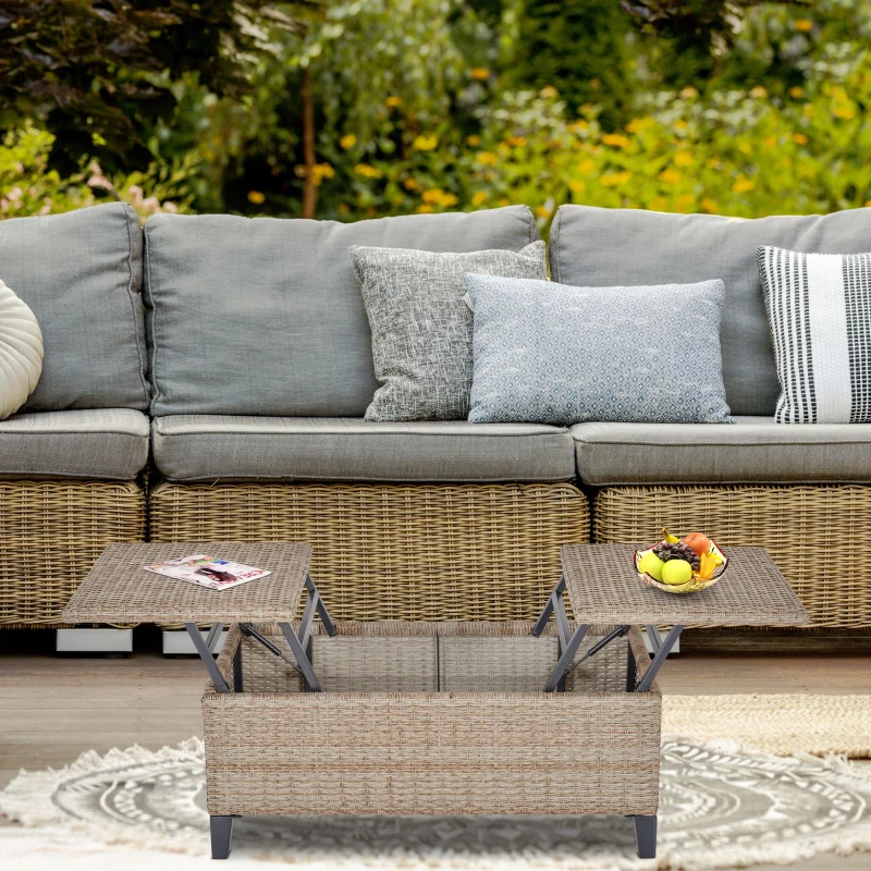Outsunny Outsunny Rattan Wicker Coffee Side Table with Double Lift Top Design, Large Storage Space, Rust-Fighting Steel Frame for All Weather for Outdoor, Patio, Garden, Backyard, Brown