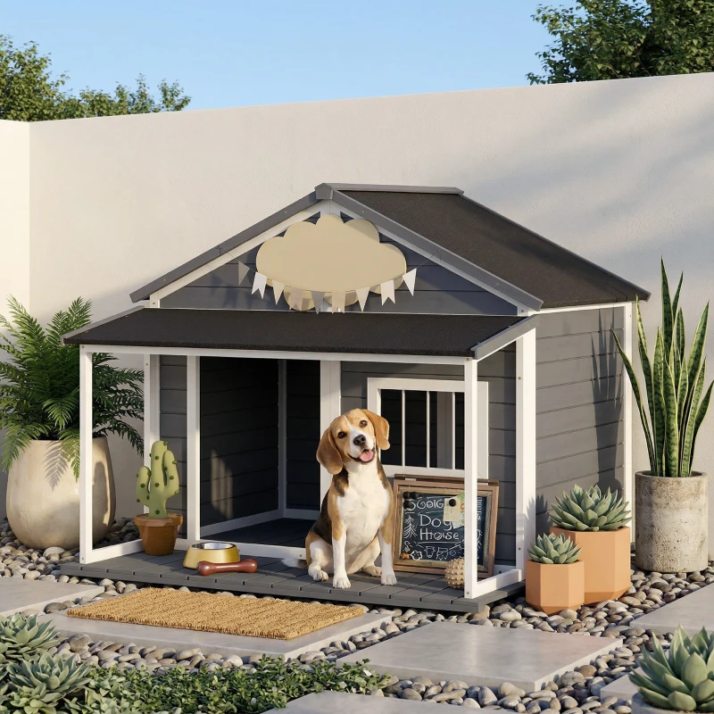 PawHut Outdoor Cabin Style Dog House, Medium Dogs, 53 lbs, Gray