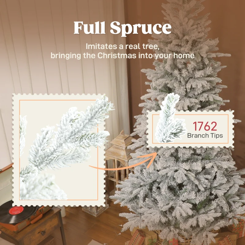 HOMCOM 7.5 ft Artificial Frosted Christmas Tree with Realistic Branches, Wide Full Spruce, Hinged Xmas Tree, Easy Assembly