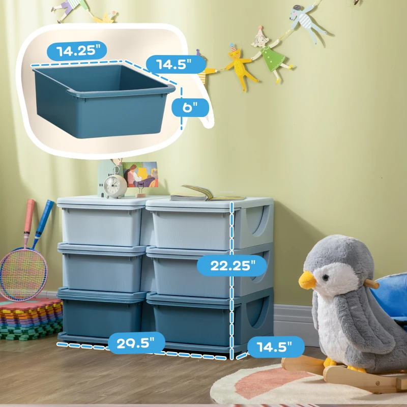 Qaba 3 Tier Kids Storage Unit, Toy Organizers and Storage with 6 Drawer Chest for Kids Bedroom Nursery Kindergarten Living Room for Boys Girls Toddlers, Blue