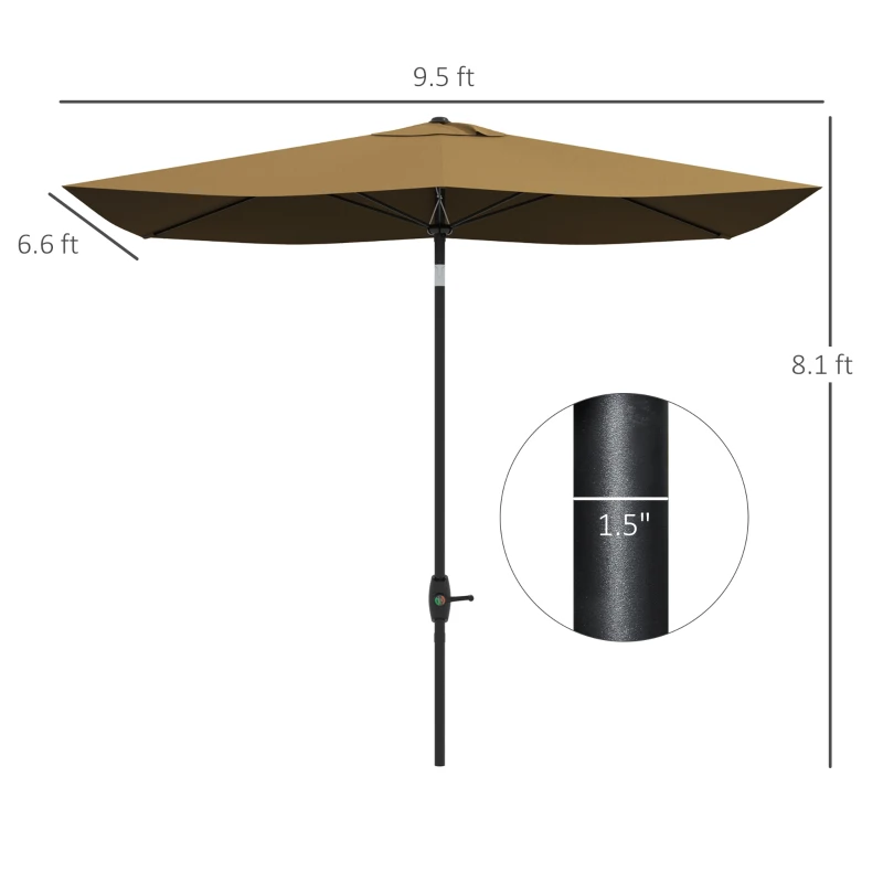 Outsunny 6.6' x 10' Rectangular Market Umbrella, Patio Outdoor Table Umbrella with Crank and Push Button Tilt, Coffee