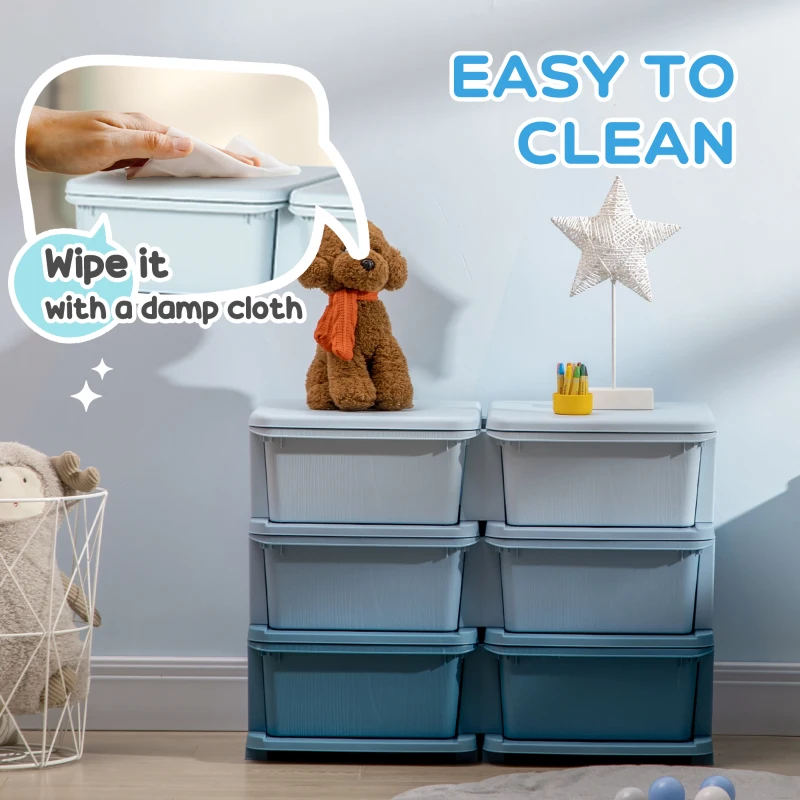 Qaba 3 Tier Kids Storage Unit, Toy Organizers and Storage with 6 Drawer Chest for Kids Bedroom Nursery Kindergarten Living Room for Boys Girls Toddlers, Blue