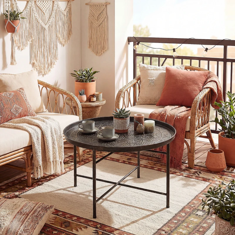 HOMCOM Coffee Table for Living Room, 24" Round Center Table with Hammered Tray Top and Metal Frame for Bedroom, Pewter