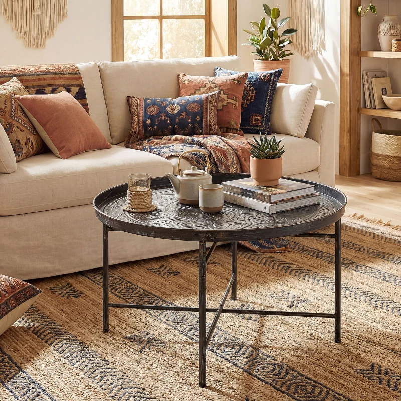 HOMCOM Coffee Table for Living Room, 24" Round Center Table with Hammered Tray Top and Metal Frame for Bedroom, Pewter