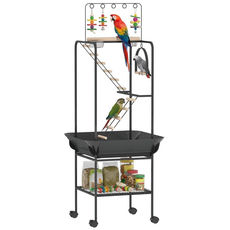 PawHut 64"H Rolling Bird Playground Parrot Stand with Seed Guard & Wheels, Ladders, Swing, Toy Hook & Bowls