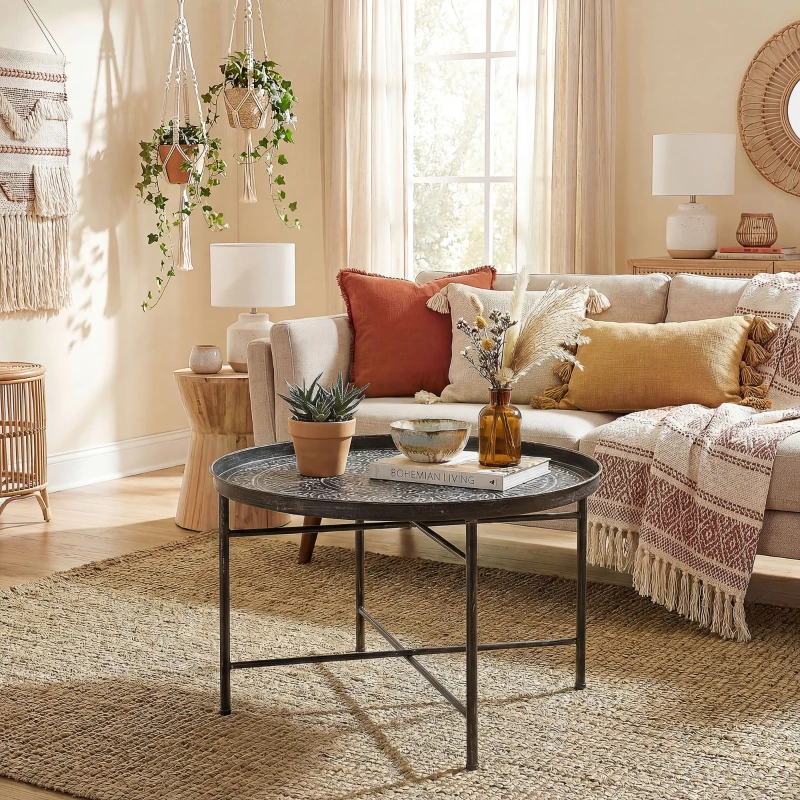 HOMCOM Coffee Table for Living Room, 24" Round Center Table with Hammered Tray Top and Metal Frame for Bedroom, Pewter