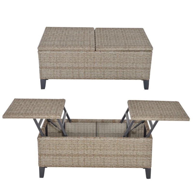 Outsunny Outsunny Rattan Wicker Coffee Side Table with Double Lift Top Design, Large Storage Space, Rust-Fighting Steel Frame for All Weather for Outdoor, Patio, Garden, Backyard, Brown
