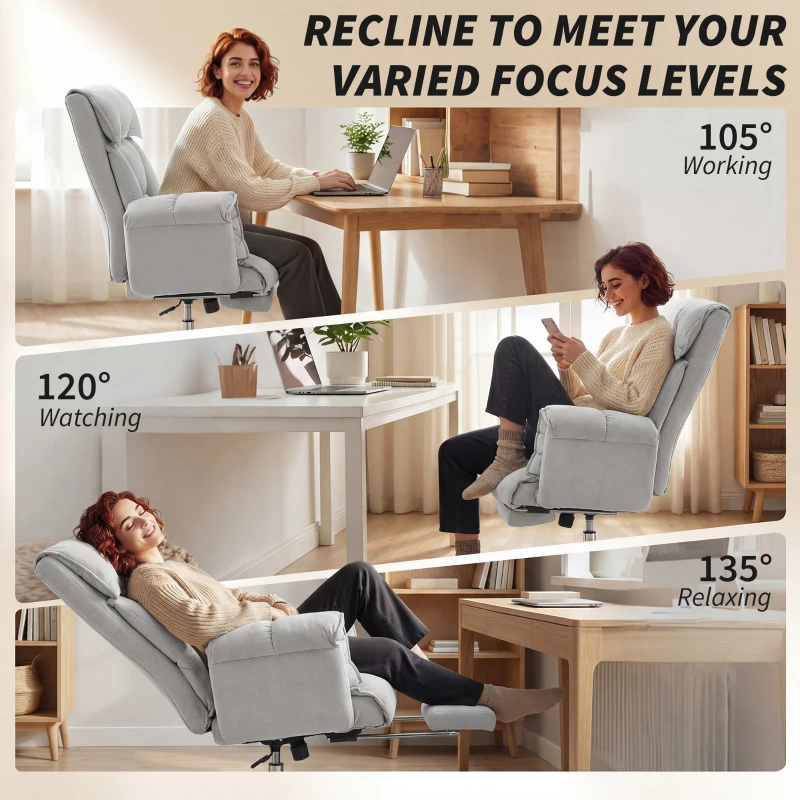 HOMCOM High Back Office Chair, Reclining Desk Chair with Footrest, High Resilience Foam, Rolling Wheels, Light Taupe Gray