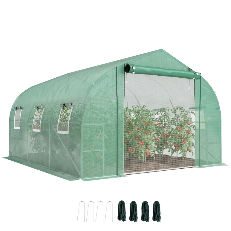 Outsunny 10'x11'x6' Walk-in Tunnel Greenhouse with Shelves, Mesh Door and Windows, Plant Hot House with PE Cover, Green