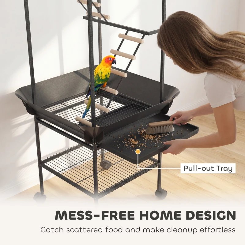 PawHut 64"H Rolling Bird Playground Parrot Stand with Seed Guard & Wheels, Ladders, Swing, Toy Hook & Bowls