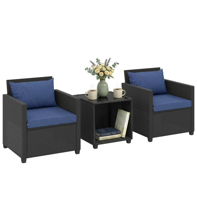 Outsunny 3 Piece Patio Bistro Set, Wicker Furniture Set with Thick Cushions, Glass Coffee Table and Chairs for Garden, Dark Blue