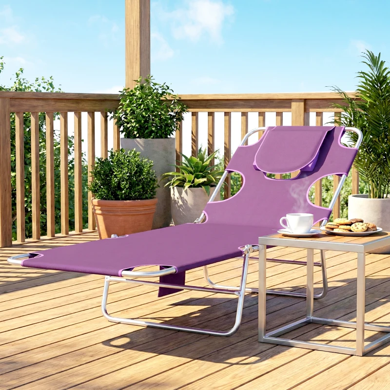 Outsunny Tanning Chair with Face Hole, 5-Level Adjustable Outdoor Chaise Lounge Chair with Pillow for Beach, Pool, Purple