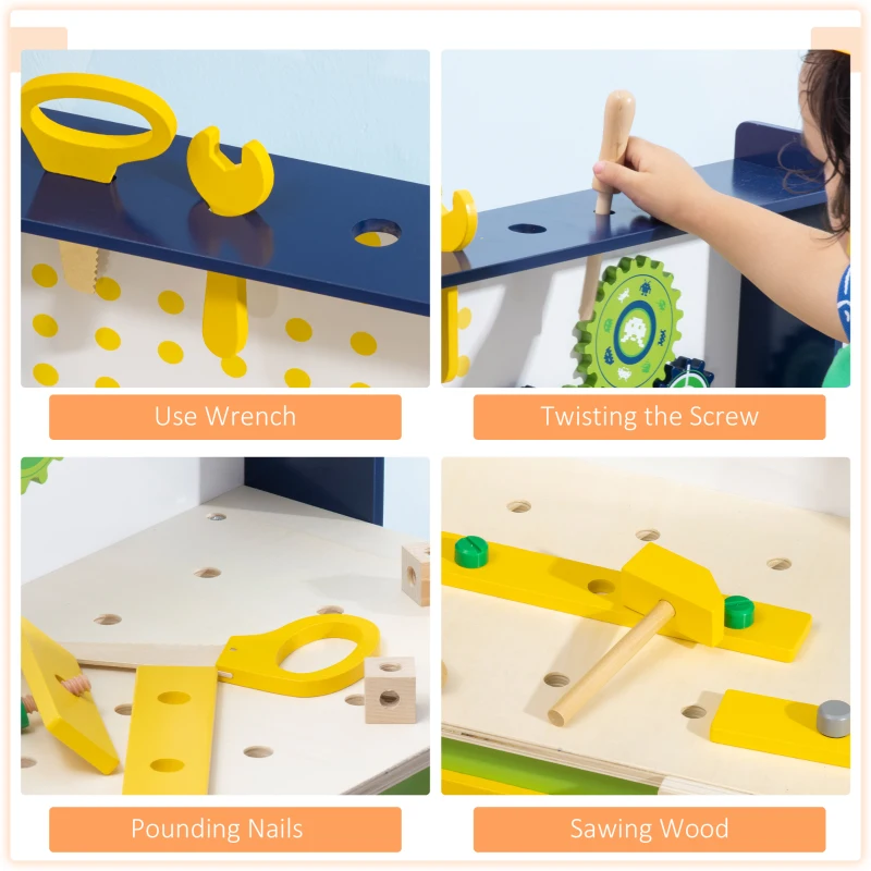 Qaba Wooden Kids Tool Bench with 27 Piece Tool Kit, Construction Work Shop Toy for Toddlers & Ages 3-6, Kids Workbench Playset Gift for Girls and Boys