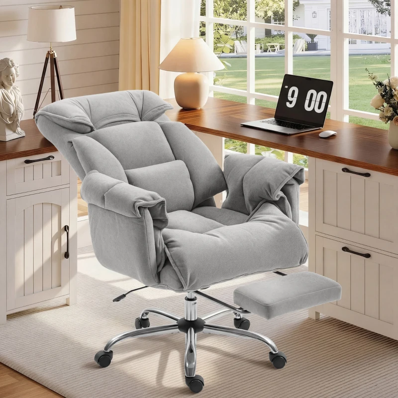 HOMCOM High Back Office Chair, Reclining Desk Chair with Footrest, High Resilience Foam, Rolling Wheels, Light Taupe Gray