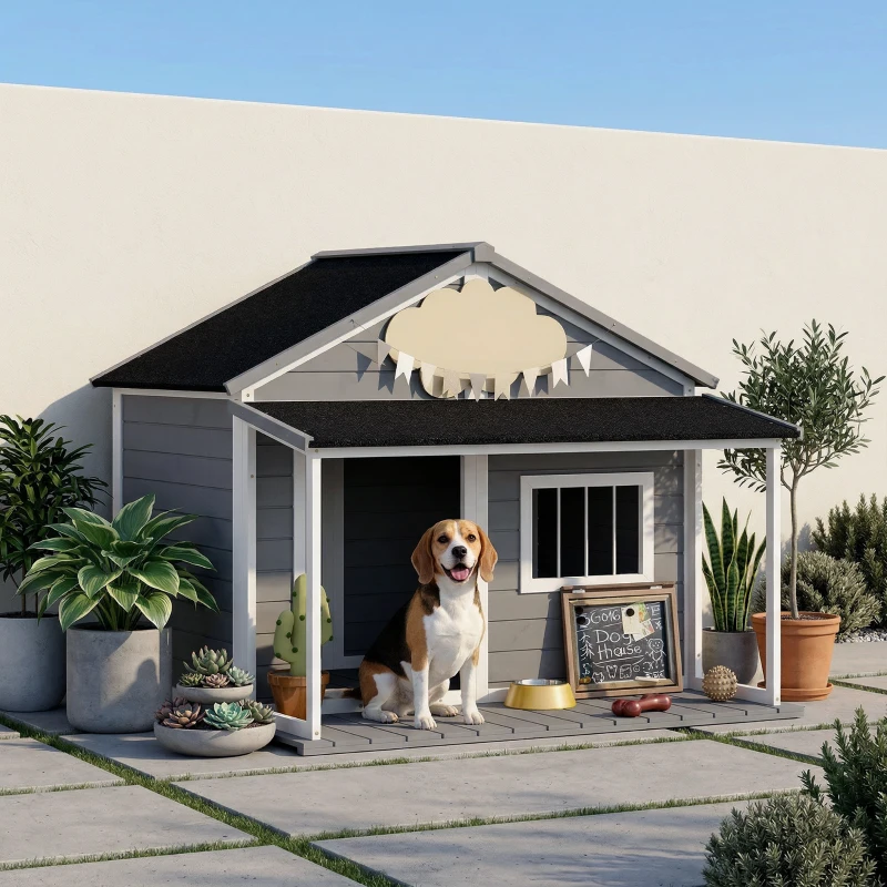 PawHut Outdoor Cabin Style Dog House, Medium Dogs, 53 lbs, Gray