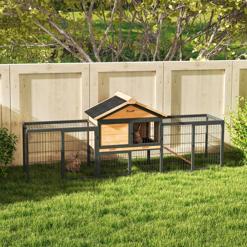 PawHut Wooden Rabbit Hutch Outdoor, 85" Large Bunny Cage with Steel Run, Removable Plastic Tray, Asphalt Roof, Ramp