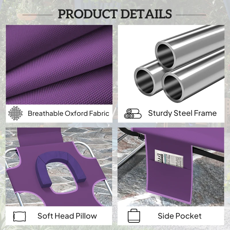 Outsunny Tanning Chair with Face Hole, 5-Level Adjustable Outdoor Chaise Lounge Chair with Pillow for Beach, Pool, Purple