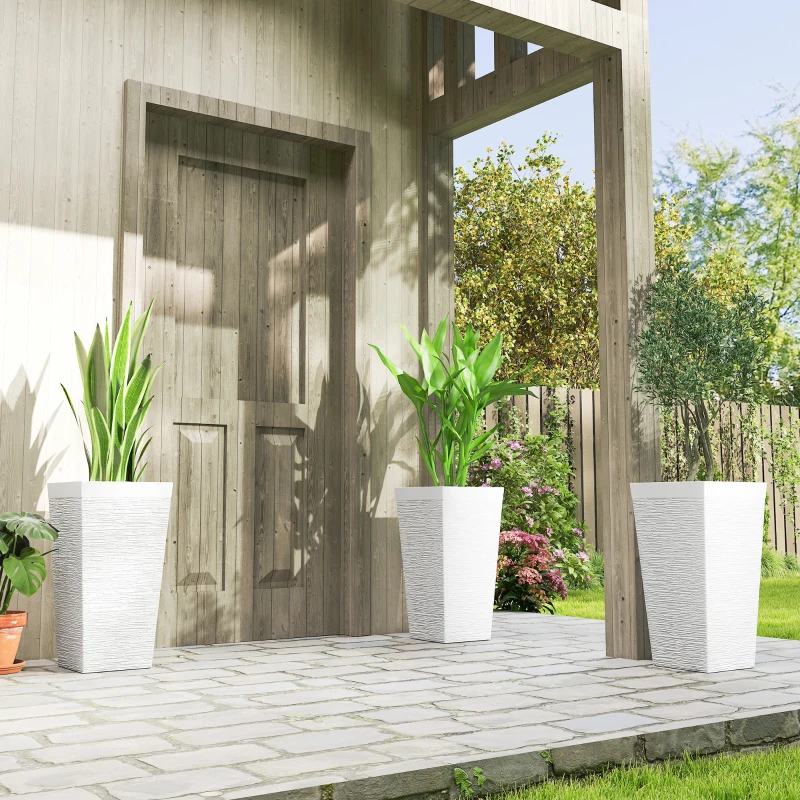 Outsunny 22.8 Inch Set of 3 Outdoor Planters with Stone Finish and Wheels, Stackable Tapered Planters with Drainage Hole, White