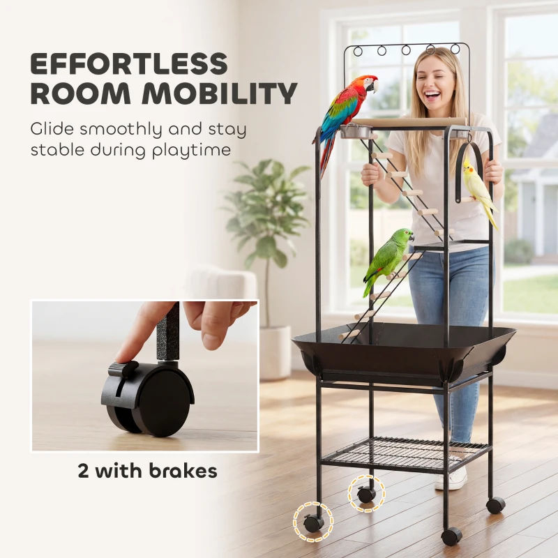 PawHut 64"H Rolling Bird Playground Parrot Stand with Seed Guard & Wheels, Ladders, Swing, Toy Hook & Bowls