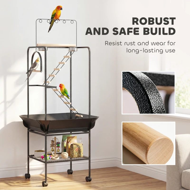 PawHut 64"H Rolling Bird Playground Parrot Stand with Seed Guard & Wheels, Ladders, Swing, Toy Hook & Bowls