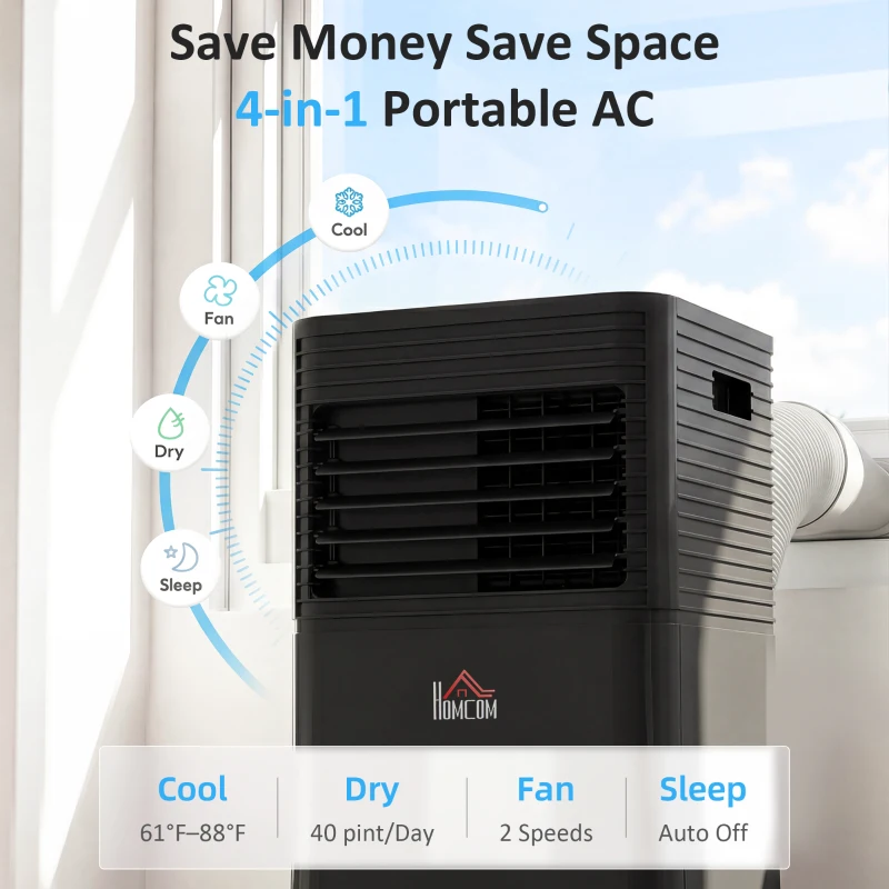 HOMCOM 10000 BTU Portable Air Conditioner with Dehumidifier, Cooling Fan, Sleep, Remote, 24H Timer, Auto Off, Black