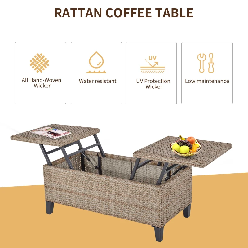 Outsunny Outsunny Rattan Wicker Coffee Side Table with Double Lift Top Design, Large Storage Space, Rust-Fighting Steel Frame for All Weather for Outdoor, Patio, Garden, Backyard, Brown