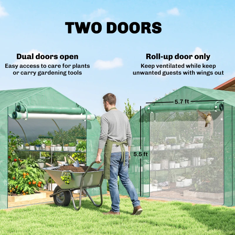 Outsunny 10'x11'x6' Walk-in Tunnel Greenhouse with Shelves, Mesh Door and Windows, Plant Hot House with PE Cover, Green