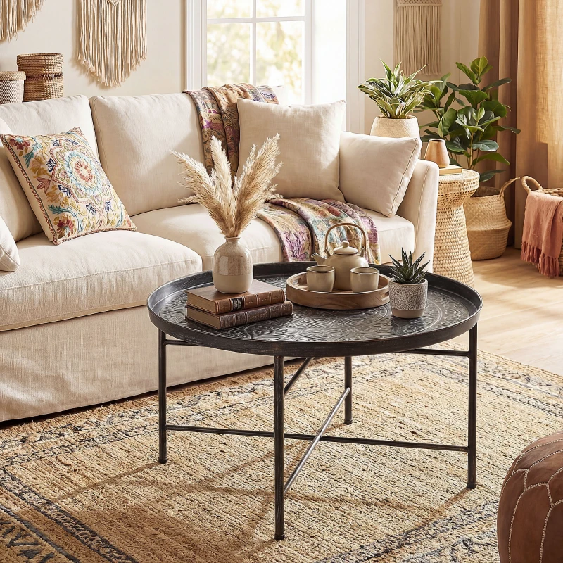 HOMCOM Coffee Table for Living Room, 24" Round Center Table with Hammered Tray Top and Metal Frame for Bedroom, Pewter