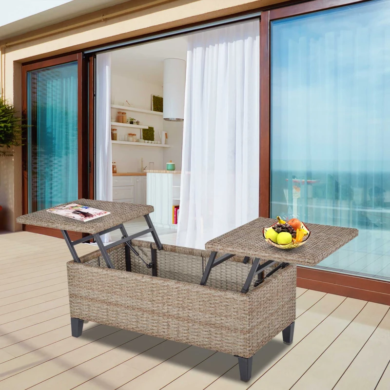 Outsunny Outsunny Rattan Wicker Coffee Side Table with Double Lift Top Design, Large Storage Space, Rust-Fighting Steel Frame for All Weather for Outdoor, Patio, Garden, Backyard, Brown